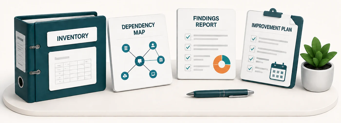 Inventory, dependency map, findings report and improvement plan