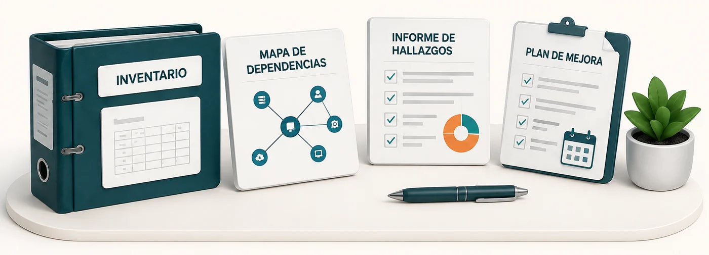 Inventario, mapa de dependencias, informe de hallazgos y plan de mejora