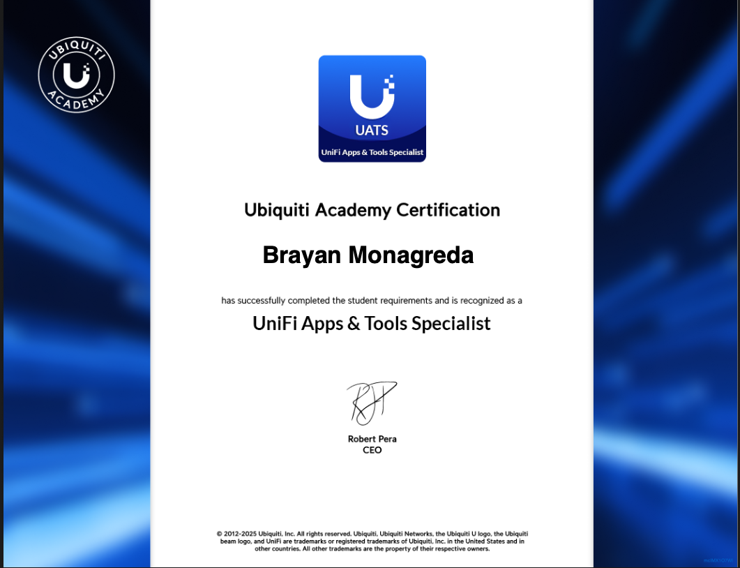 Certificado UATS de Ubiquiti Academy otorgado a Brayan Monagreda