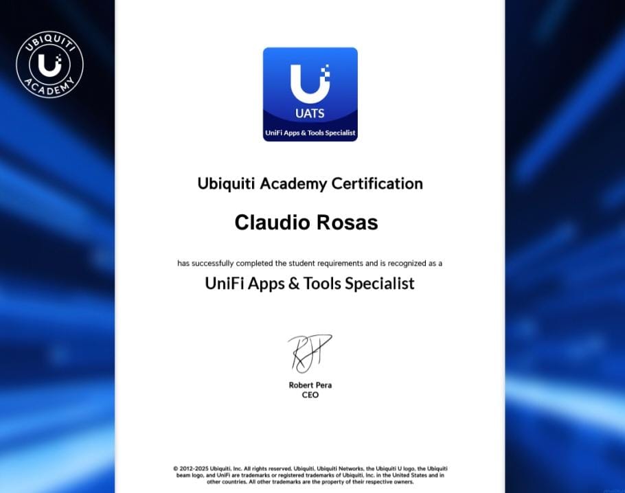 Certificado UATS de Ubiquiti Academy otorgado a Claudio Rosas
