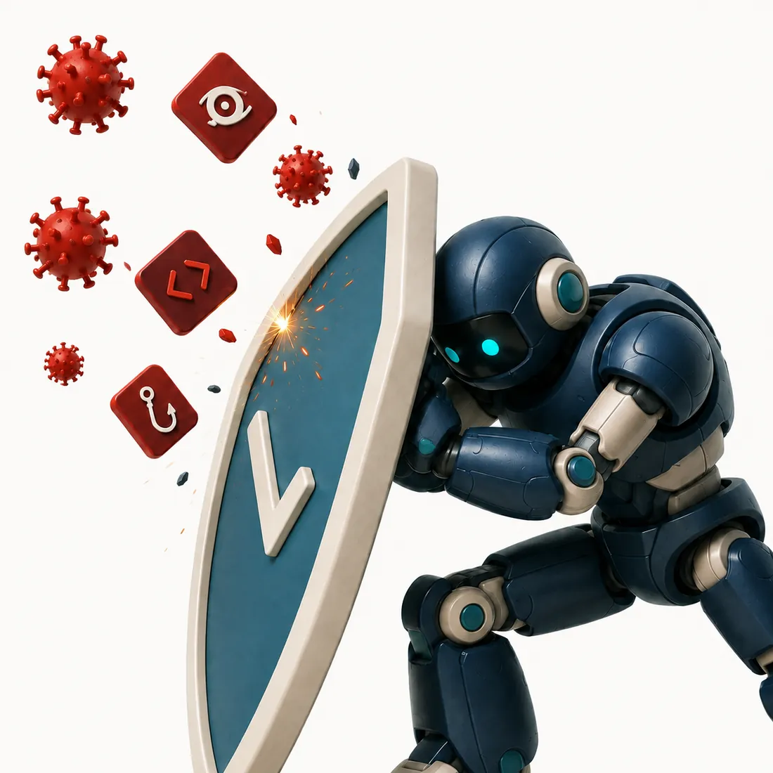 Robot bracing behind a shield against digital threats