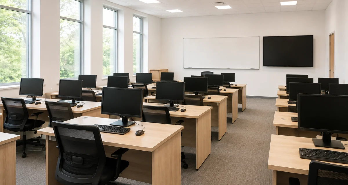 Computer classroom with light wood desks, monitors and natural daylight