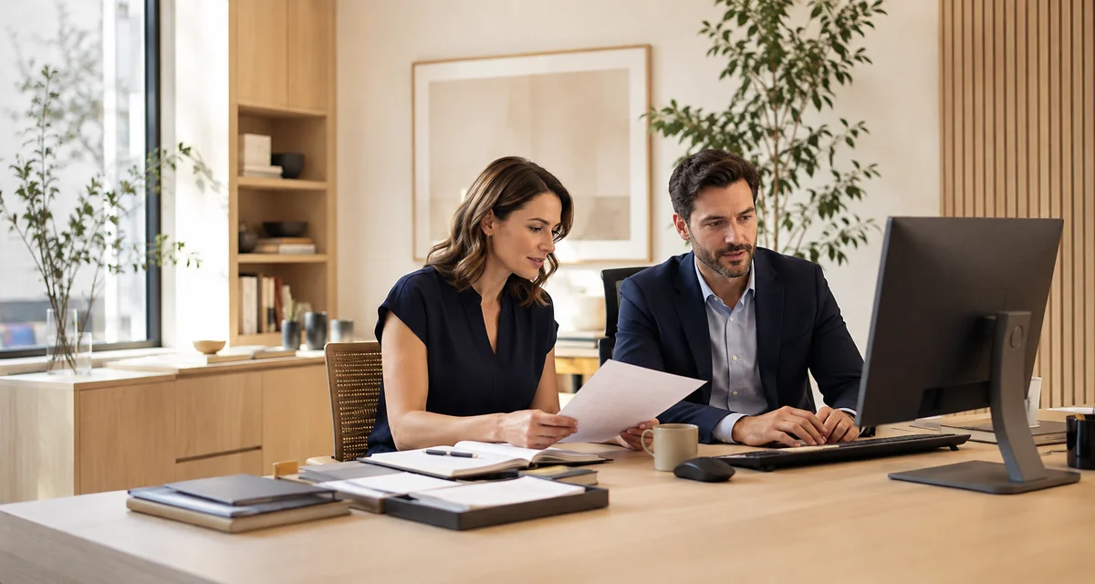 Professionals collaborating at computers in an office