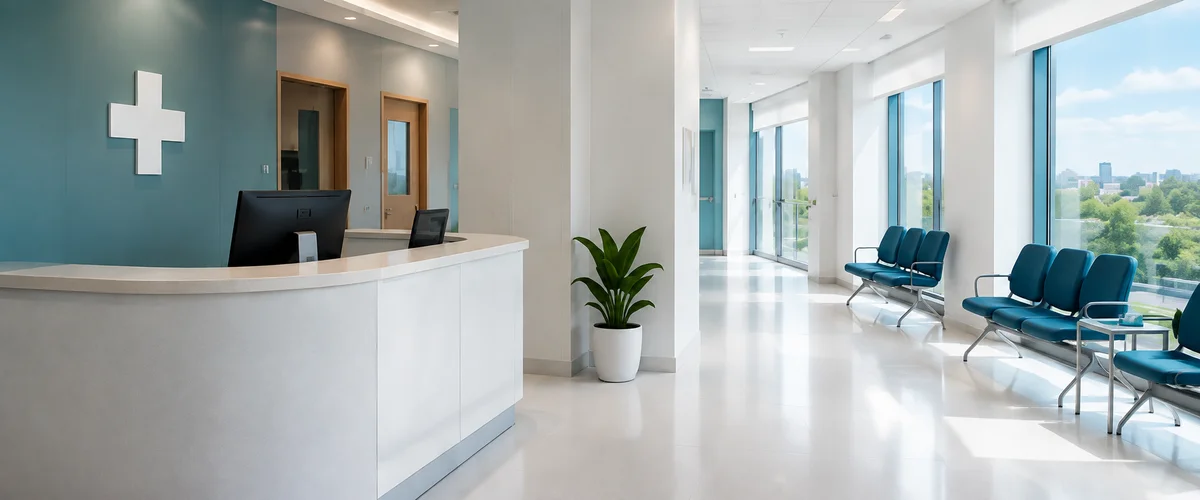 Bright medical reception with a front desk and computer