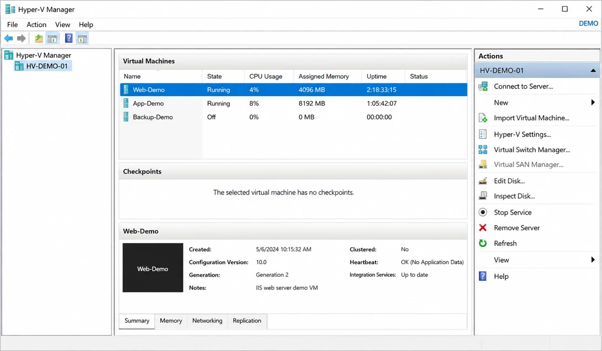 Microsoft Hyper-V — illustrative administration console with demonstration data