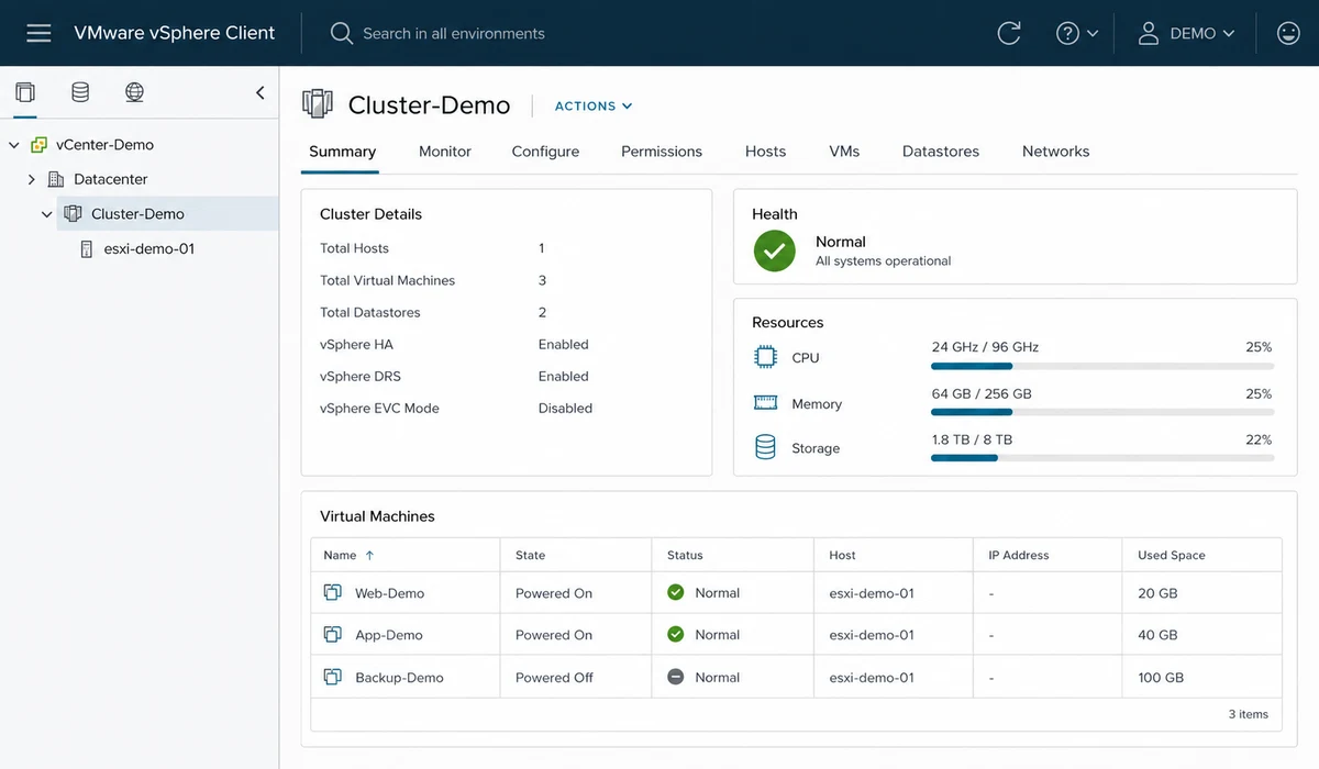 VMware vSphere — illustrative administration console with demonstration data