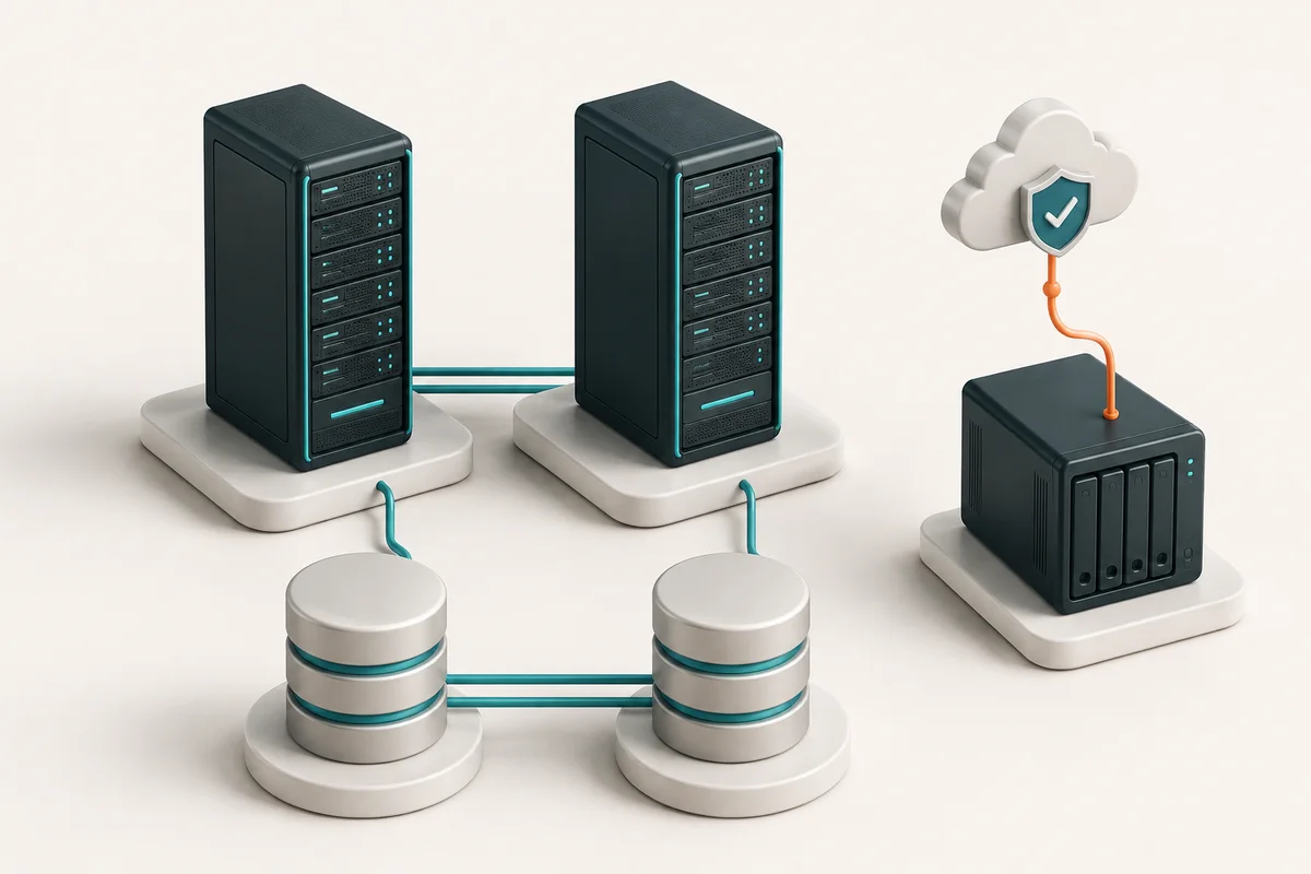 Isometric illustration of redundant servers, replicated data and separate backups