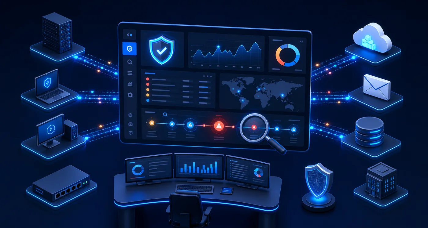 SIEM platform correlating events from servers, endpoints, networks, cloud services and business email