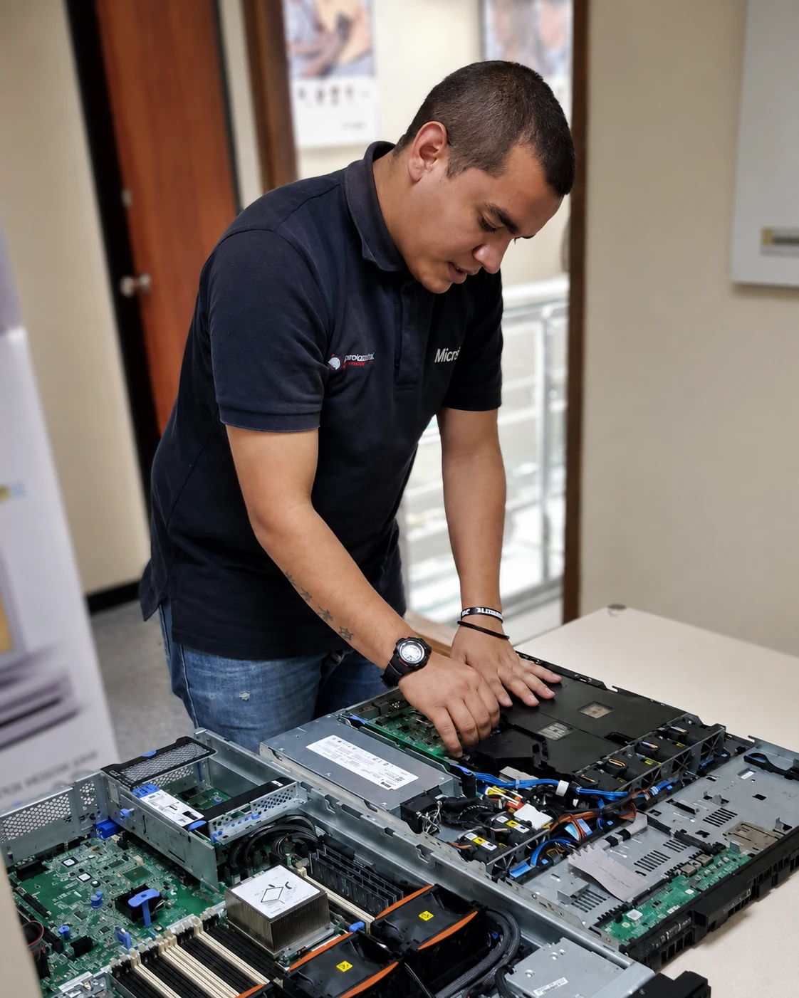 Soportered technician working on an open server