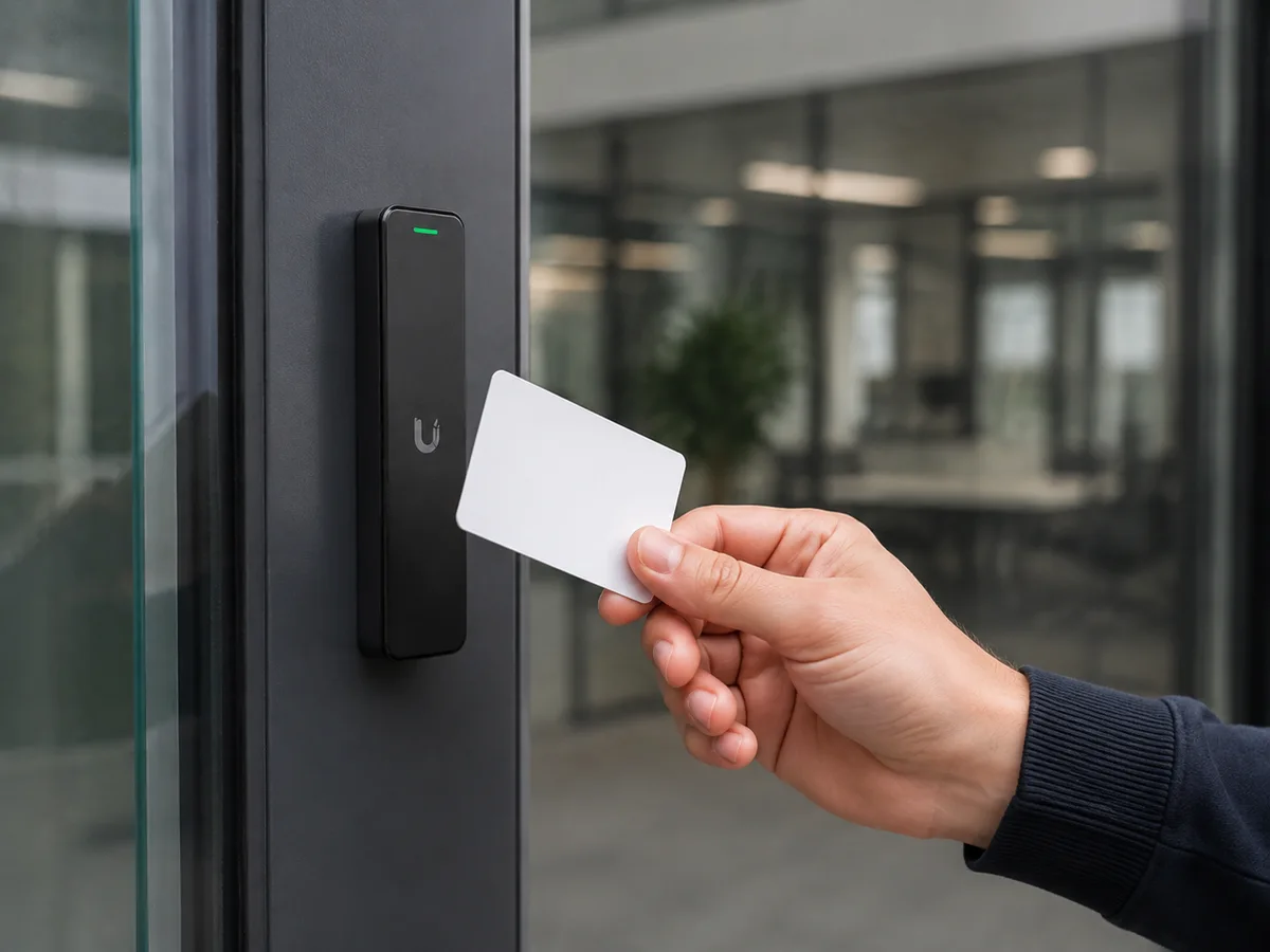 A person presents a card to an access reader beside an office door